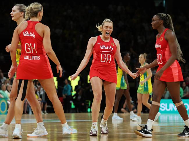 SYDNEY, AUSTRALIA - SEPTEMBER 22: Helen Housby of the Roses celebrates victory during game two of the international series between Australia Diamonds and England Roses at Qudos Bank Arena on September 22, 2024 in Sydney, Australia. (Photo by Mark Metcalfe/Getty Images)