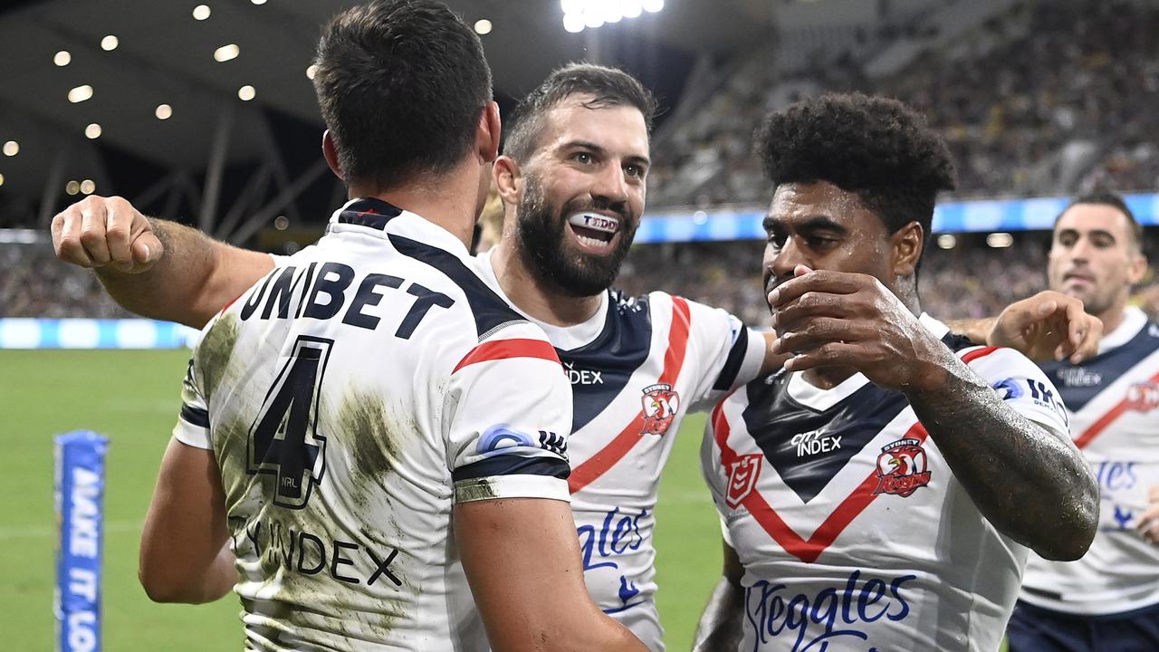 TOWNSVILLE, AUSTRALIA - APRIL 02: Joseph Manu of the Roosters celebrates after scoring a try during the round four NRL match between the North Queensland Cowboys and the Sydney Roosters at Qld Country Bank Stadium, on April 02, 2022, in Townsville, Australia. (Photo by Ian Hitchcock/Getty Images)