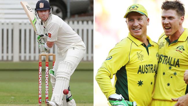 Brad Haddin drives for Northern District at Manly Oval in 2015, and enjoying a Kiwi wicket with James Faulkner (right) in the 2015 World Cup final.