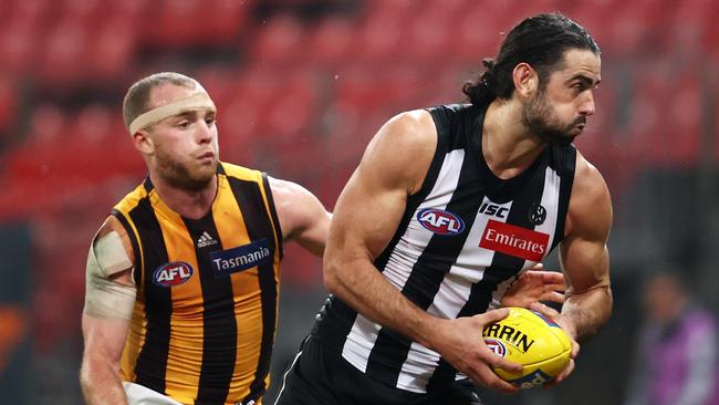 Brodie Grundy in action against Hawthorn. Picture: Cameron Spencer/AFL Photos/via Getty Images