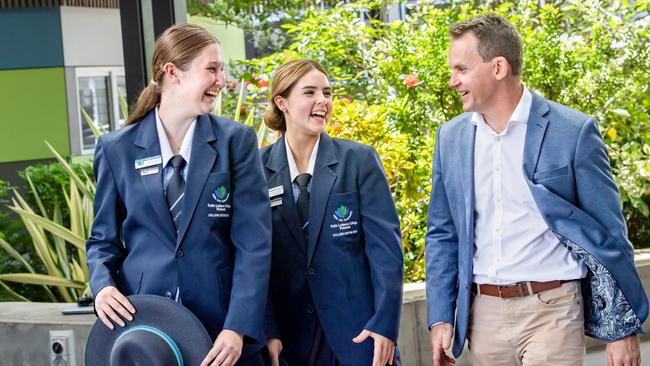 Faith Lutheran College, Plainland captains Kiara Knopke and Emma Malone, with principal Doug Braiden. Picture: Contributed