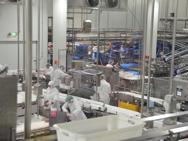 Workers at the Swickers Bacon Factory during the official reopening of the restored facility on Wednesday, January 24. (Photo: Will Hunter)