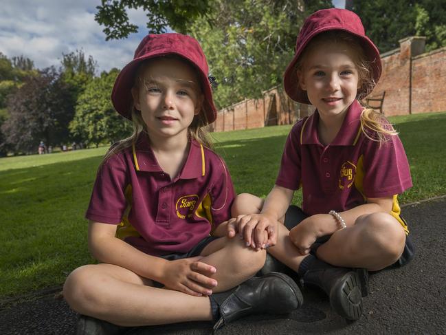 Winter and Willow Wrigley at Royal Botanical Gardens Tasmania are twins starting school in 2025. Picture: Caroline Tan