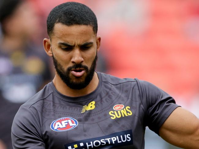 BRISBANE, AUSTRALIA - JULY 08: Touk Miller of the Suns warms up during the 2023 AFL Round 17 match between the Brisbane Lions and the West Coast Eagles at The Gabba on July 8, 2023 in Brisbane, Australia. (Photo by Russell Freeman/AFL Photos via Getty Images)