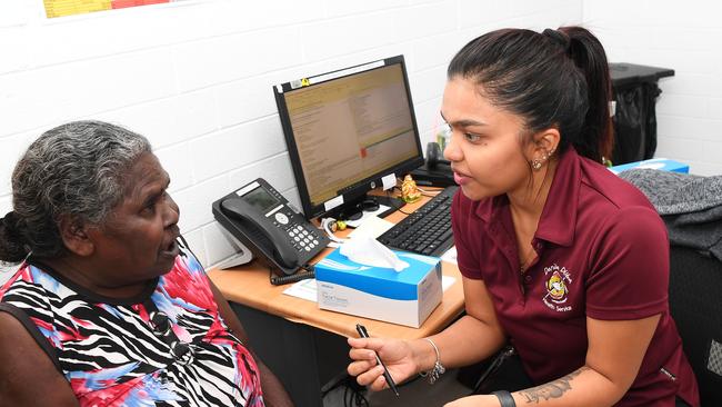 Alice Walingaypa from Elco Island gets her Covid jab from registered nurse Puja Thapa at Danila Dilba. Picture Katrina Bridgeford.