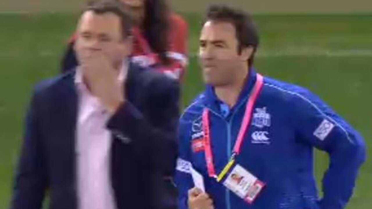 Brad Scott made a beeline towards David King. Picture: Fox Footy