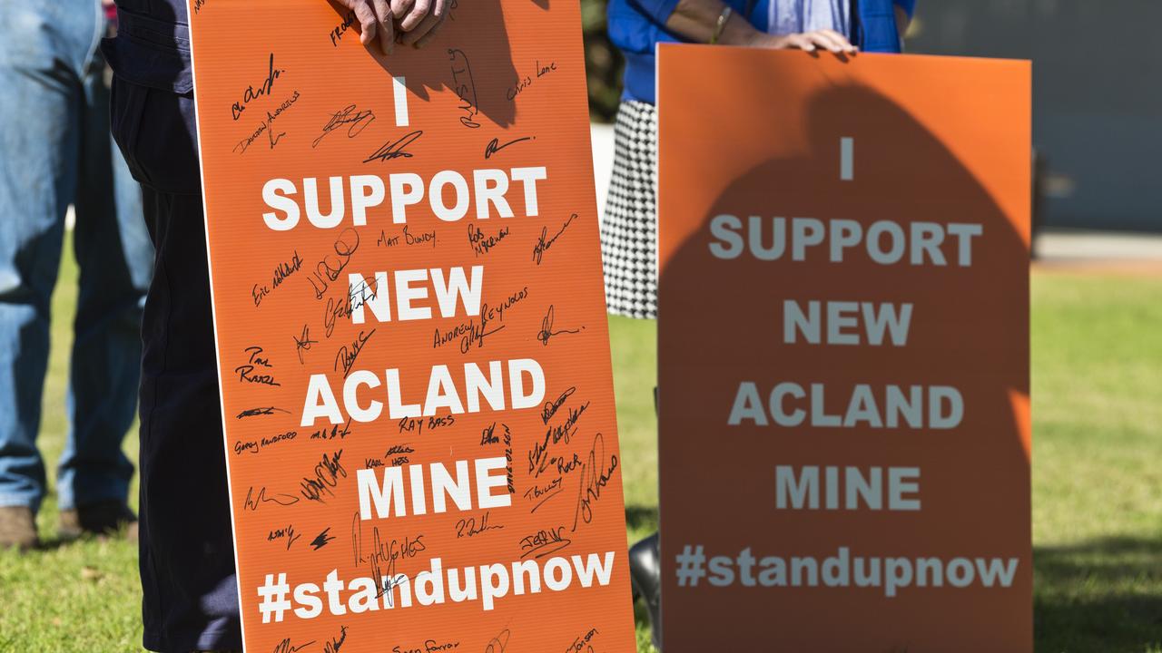 A sign is seen at a meeting about New Acland stage three lack of approvals, Wednesday, June 17, 2020. Picture: Kevin Farmer