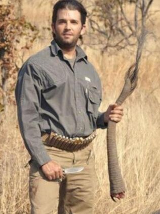 Doanld Trump Jr holds a severed elephant tail.