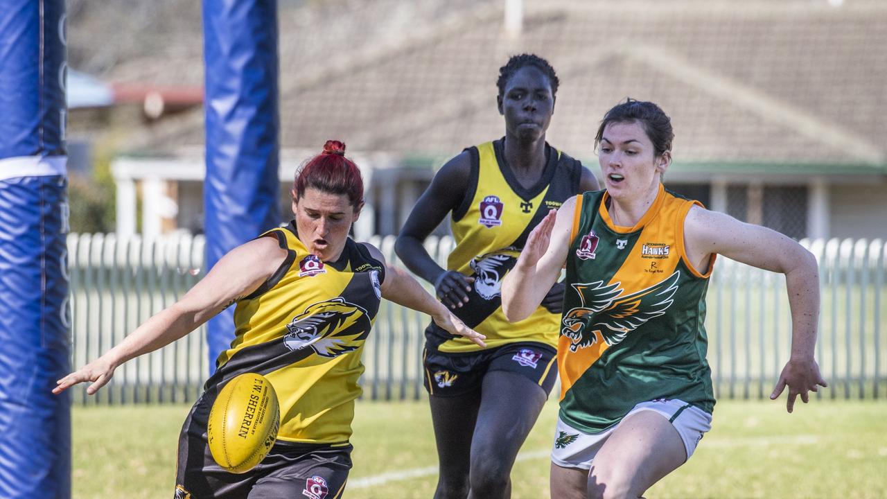 Penny Dukes (pictured in action for Toowoomba Tigers Aussie rules club) is also a talented rugby union player. Picture: Nev Madsen.