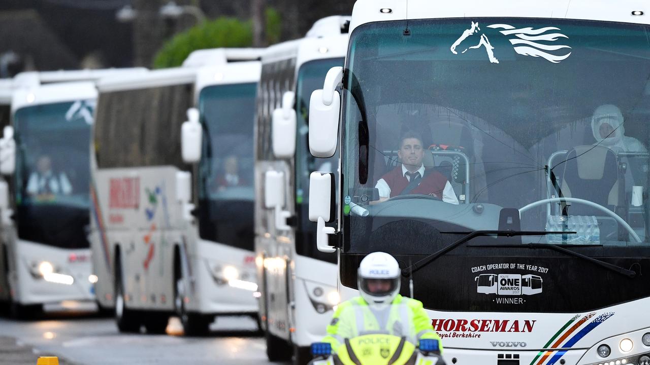 Coaches transport 83 Britons and 27 foreign nationals who have been evacuated from Wuhan to Arrowe Park Hospital in Merseyside on January 31. Picture: Leon Neal/Getty Images