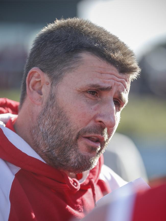 MPNFL Division 2: Karingal v Red Hill. Red Hill coach Jamie Mollo addressing players. Picture: Valeriu Campan