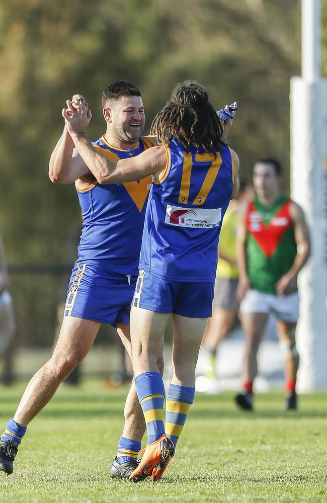 Marc Holt celebrates a goal against Tooradin-Dalmore. Picture: Valeriu Campan.