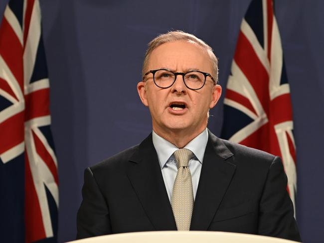 Opposition leader Anthony Albanese speaks to the media in Sydney on Sunday after the election is called. Picture: NCA NewsWire / Flavio Brancaleone