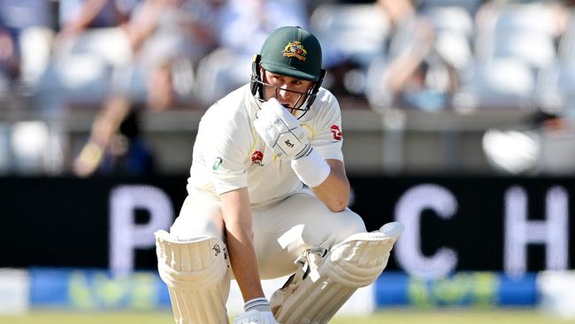 Marnus Labuschagne reacts after being caught by Harry Brook. Picture: Getty