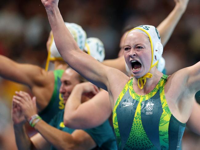 NANTERRE, FRANCE - AUGUST 08: Abby Andrews of Team Australia celebrates victory following the penalty shoot out in the Women's Semifinal match between Team Australia and Team United States on day thirteen of the Olympic Games Paris 2024 at Paris La Defense Arena on August 08, 2024 in Nanterre, France. (Photo by Adam Pretty/Getty Images)