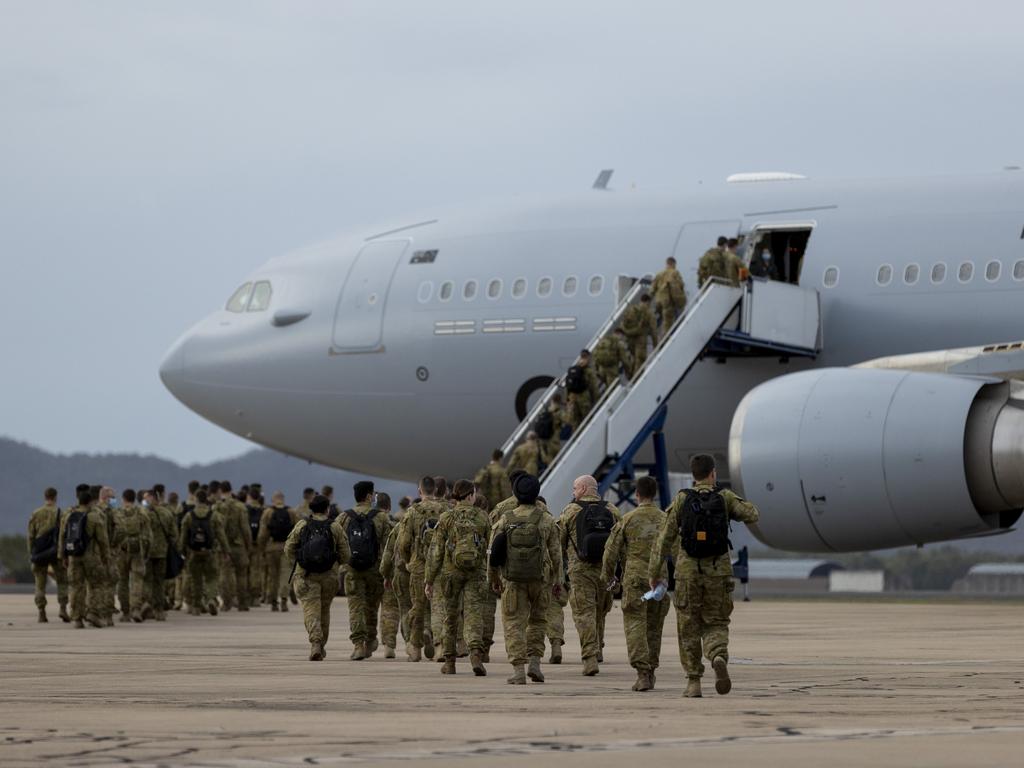 Australian Army personnel from the 3rd and 17th Brigades board a Royal Australian Air Force KC-30A Multi-Role Tanker aircraft at RAAF Base Townsville, Queensland, in support of Australia’s evacuation mission in Afghanistan.