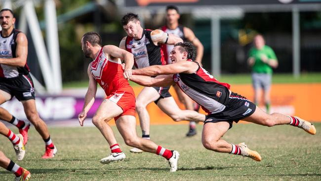 Jye Bolton and Abraham Ankers in the Southern Districts vs Waratah 2023-24 NTFL men's knockout semifinal. Picture: Pema Tamang Pakhrin