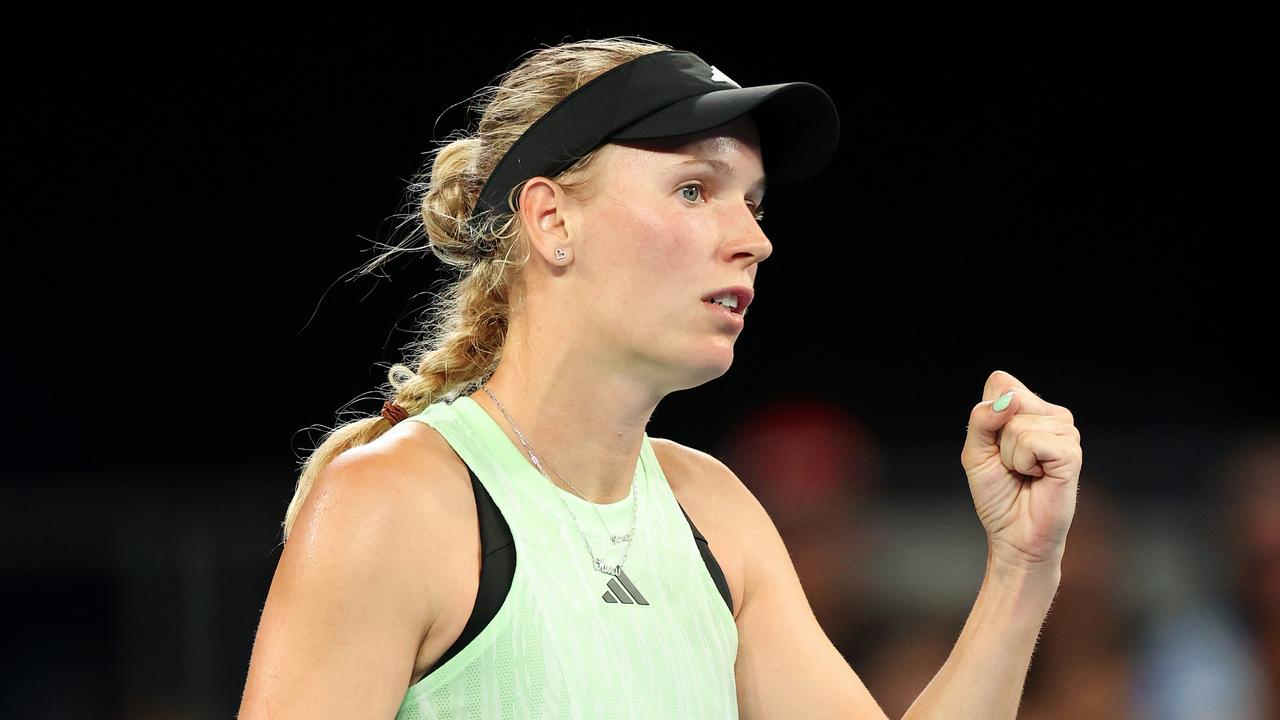 Caroline Wozniacki celebrates a point during the first set. Picture: Getty