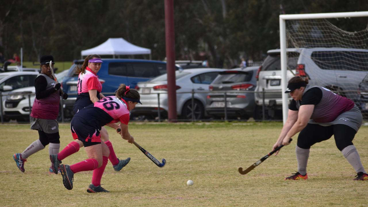 Georgina Kreig in possession for Toowoomba against Gladstone at the 2021 Queensland Hockey Women's Masters Championships in Warwick.