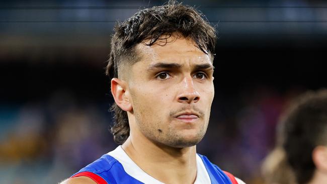 MELBOURNE, AUSTRALIA - SEPTEMBER 06: Jamarra Ugle-Hagan of the Bulldogs looks dejected after a loss during the 2024 AFL Second Elimination Final match between the Western Bulldogs and the Hawthorn Hawks at The Melbourne Cricket Ground on September 06, 2024 in Melbourne, Australia. (Photo by Dylan Burns/AFL Photos via Getty Images)