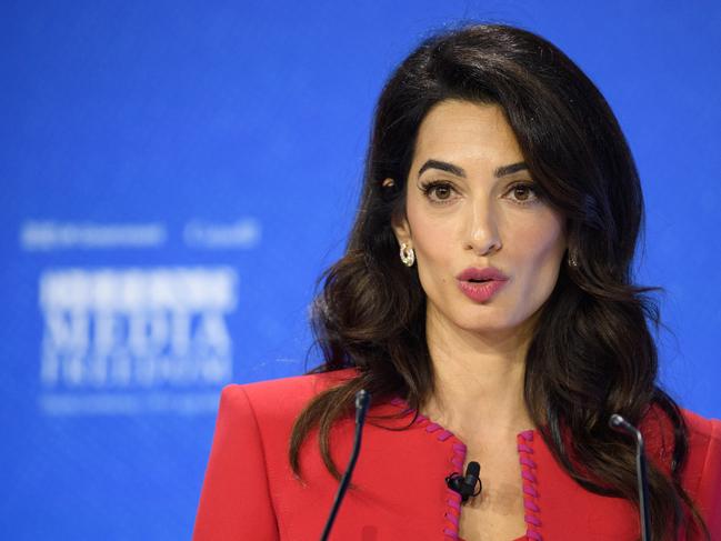 LONDON, ENGLAND - JULY 10: Human rights barrister Amal Clooney speaks during a discussion at the Global Conference on Press Freedom on July 10, 2019 in London, England. The conference sees speakers from around the world sharing their experiences and thoughts on protecting the rights of members of the media around the world. (Photo by Leon Neal/Getty Images) ***BESTPIX***