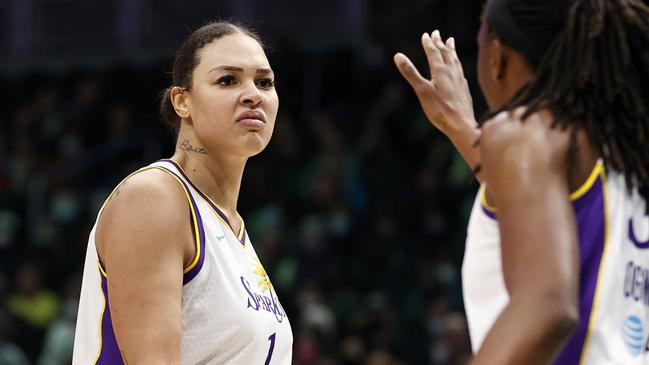 SEATTLE, WASHINGTON - MAY 20: Liz Cambage #1 and Nneka Ogwumike #30 of the Los Angeles Sparks react against the Seattle Storm during the second half at Climate Pledge Arena on May 20, 2022 in Seattle, Washington. NOTE TO USER: User expressly acknowledges and agrees that, by downloading and or using this photograph, User is consenting to the terms and conditions of the Getty Images License Agreement. (Photo by Steph Chambers/Getty Images)