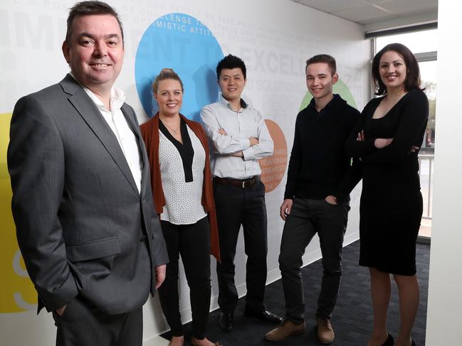 26/09/16 Andrew McAdams, Chief Executive of Adelaide-based IT software start-up PrimeQ with his staff Lauren Burnett, Tiger Liu, Robin Collins and Lisa Smith. PrimeQ has generated multi-million dollar revenue and created 55 jobs with expectations of hitting $10 million by the end of its first year. photo Calum Robertson