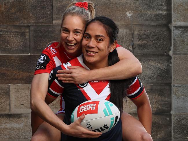 Portrait of St George's Kezie Apps with Roosters Simaima Taufa-Kautai during the 2019 NRLW launch at The Cell Block Theatre, Sydney. Picture: Brett Costello