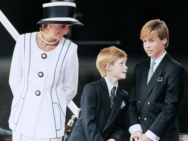 Prince Harry (centre) has also revealed the pain of his mother’s death. He is pictured alongside Princess Diana and brother Prince William on August 19, 1995. Picture: Johnny Eggitt/AFP