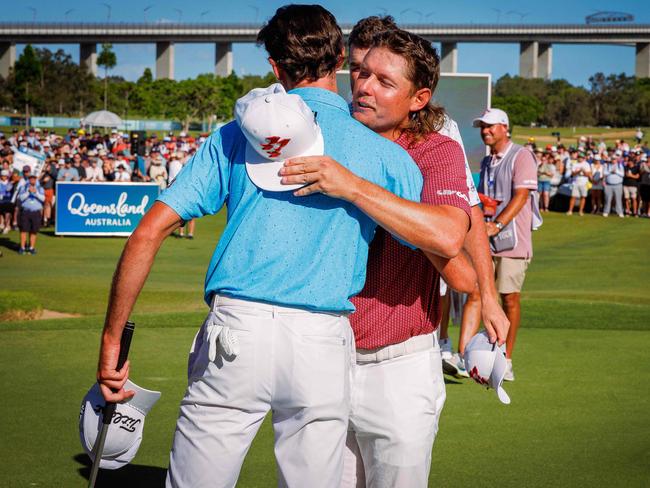 Elvis Smylie is congratulated by Cameron Smith after winning the Australian PGA Championship last year. Picture: Patrick Hamilton/AFP