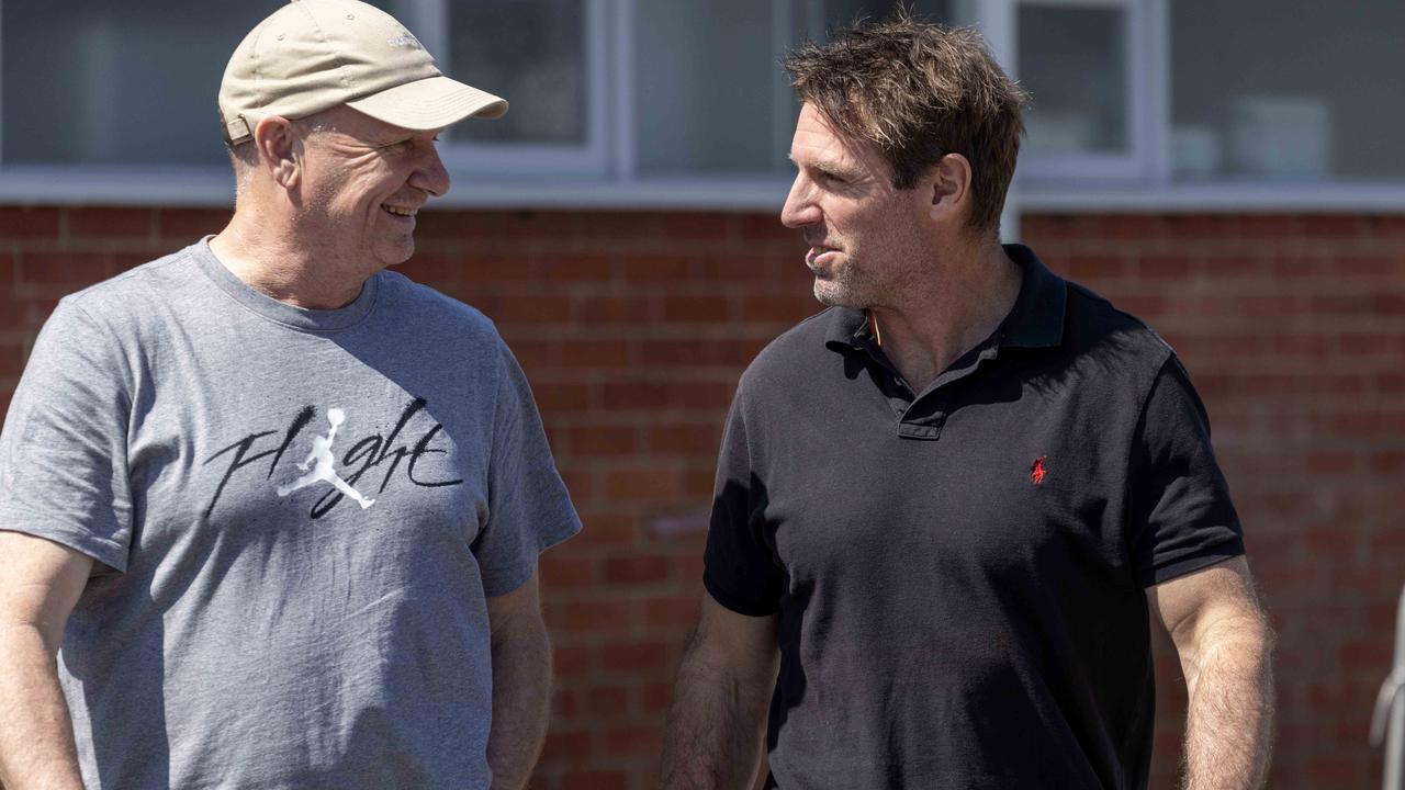 Cripps with Power senior coach Ken Hinkley at Alberton at the end of the 2023 season. Picture: Kelly Barnes