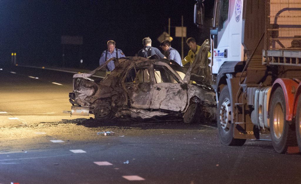 Three people died in this horror crash on the Warrego Hwy at Glenore Grove. Picture: Nev Madsen