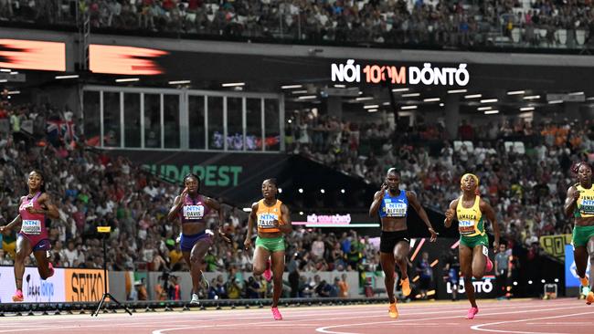 Sha'Carri Richardson crosses the finish line to win the women's 100m final during the World Athletics Championships at the National Athletics Centre in Budapest. Picture: AFP