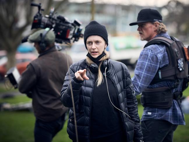 Director Gracie Otto and crew on set. Picture: Ben King