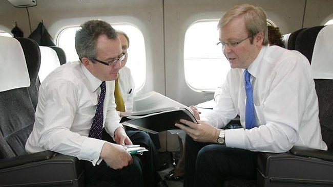 Kevin Rudd and David Epstein, the "invisible man", on a train in Japan in 2008.