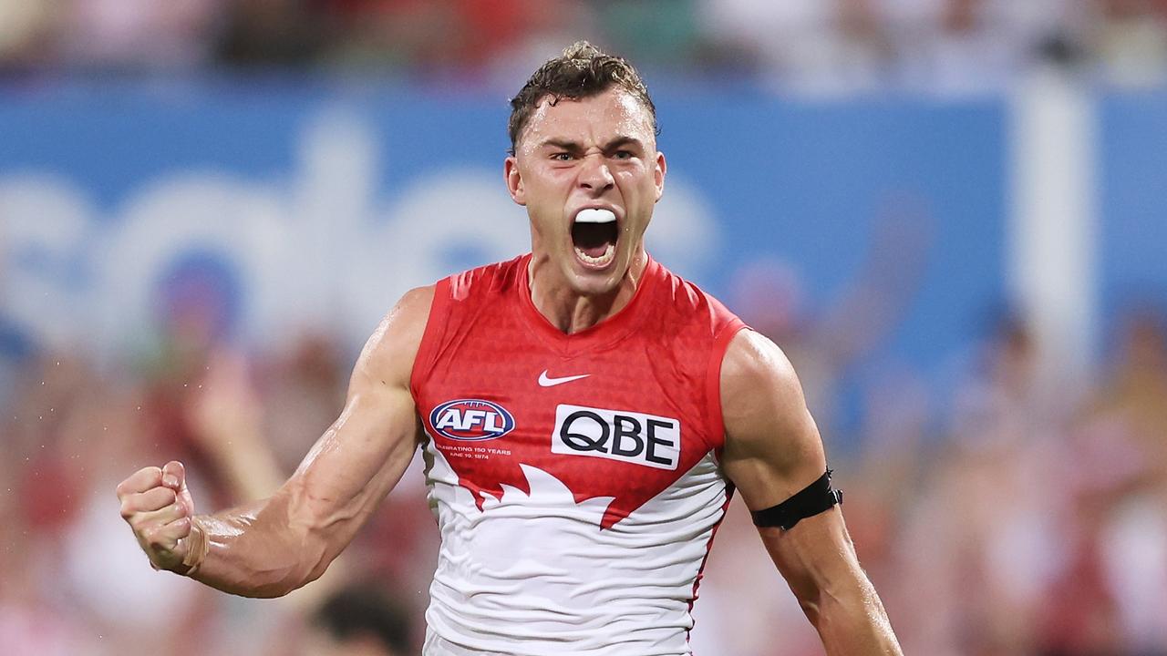 SYDNEY, AUSTRALIA - MARCH 07: Will Hayward of the Swans celebrates a goal during the Opening Round AFL match between Sydney Swans and Melbourne Demons at SCG, on March 07, 2024, in Sydney, Australia. (Photo by Matt King/AFL Photos/Getty Images)