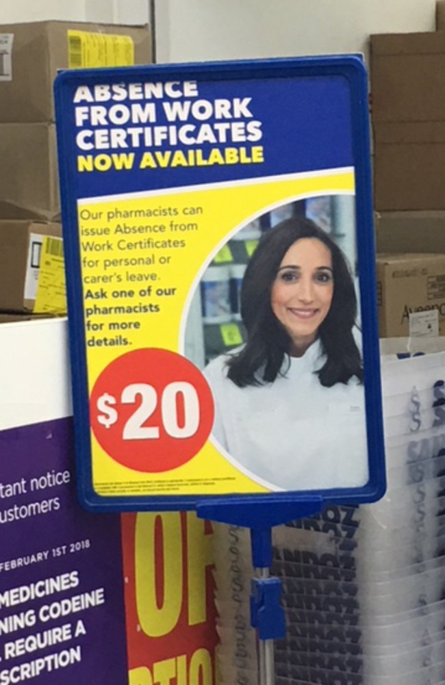 Chemist Warehouse store offering sick notes for a fee.