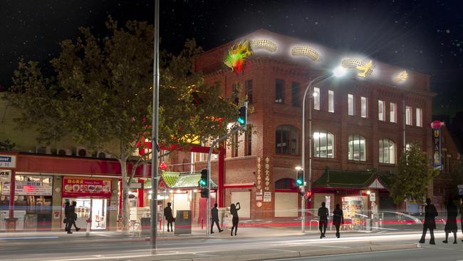 An early artist’s impression of the dragon lighting project on Moonta St and Grote St.