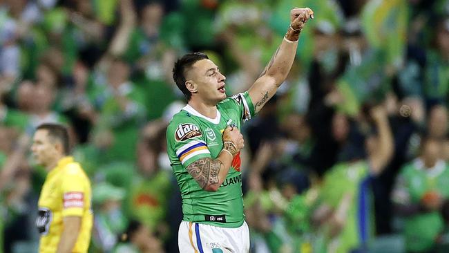 Canberra's Charnze Nicoll-Klokstad celebrates victory on final whistle during the NRL Elimination Final between the Sydney Roosters and Canberra Raiders at the SCG. Picture. Phil Hillyard