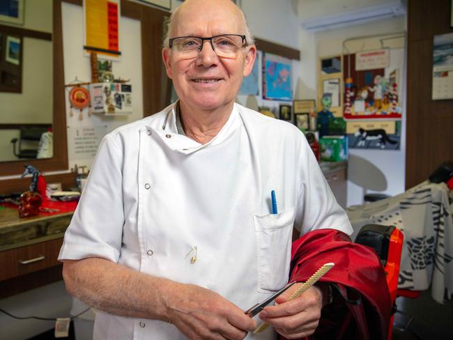 ADELAIDE, AUSTRALIA - Advertiser Photos NOVEMBER 4, 2022: Frank Vaiana in his barber shop on Vardon Ave, Adelaide, SA. Picture Emma Brasier