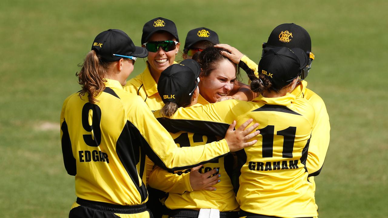 Western Australia players celebrate during last season’s WNCL final against NSW. Picture: AAP Image for Cricket Australia/Brendon Thorne