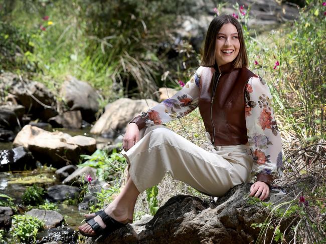 Model Moana Harder wearing Roo-Newable Fashion Design Competition winner Ruby Mariniello’s kangaroo leather top at Morialta. Picture: Dean Martin