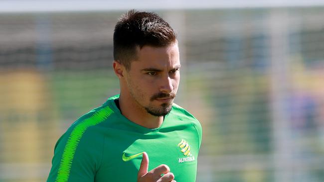 Jamie Maclaren training with the Socceroos at the World Cup. Picture: Toby Zerna