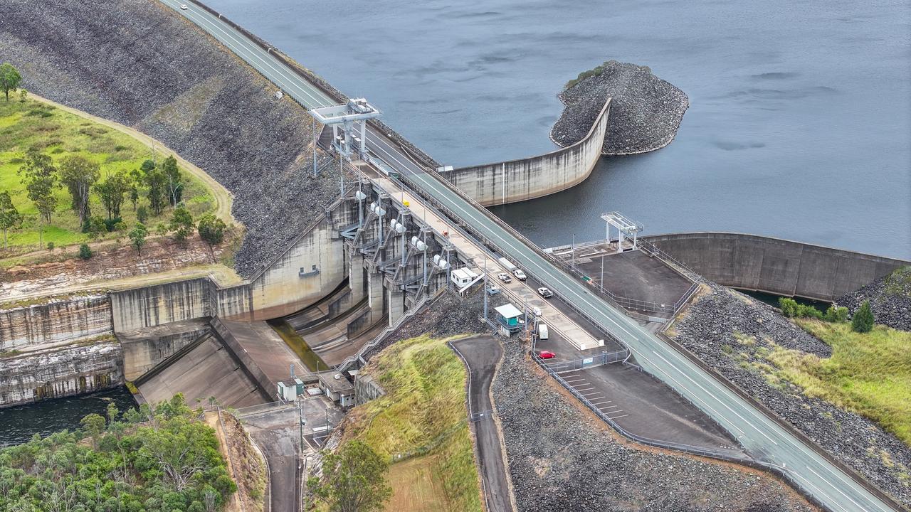 The Wivenhoe Dam gates ahead of Cyclone Alfred. Picture: Peter Wallis