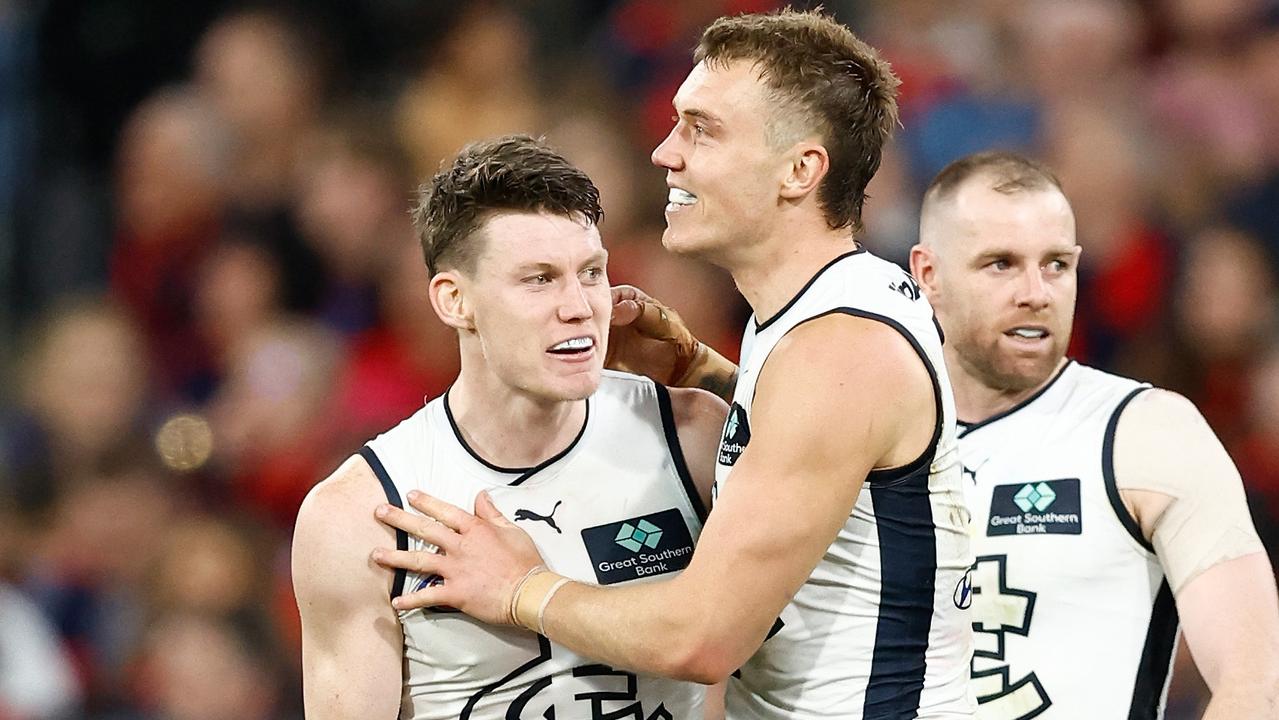 Carlton stars Sam Walsh (left) and Patrick Cripps will reunite in the middle as the Blues attempt to address their clearance woes. Picture: Michael Willson / Getty Images