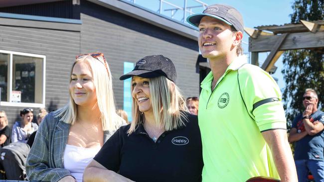 Ms Smith, Mr Lo Iacono’s girlfriend Allana Collins (left) and Jack Lo Iacono commemorated the first anniversary of the young footballer’s death on Saturday. Picture: Russell Millard Photography