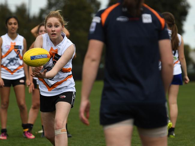 Kirrily Heaphy is seen in action at the Highgate Recreation Reserve in Craigieburn in Melbourne on Tuesday, September, 26, 2017. Local Females are taking part in the AFL Women's Talent Search. (AAP Image/James Ross) NO ARCHIVING