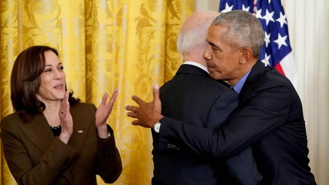 Barack Obama with Kamala Harris at the White House in 2022. Harris was one of the earliest backers for his own presidential campaign in 2008. Picture: Mandel Ngan/AFP