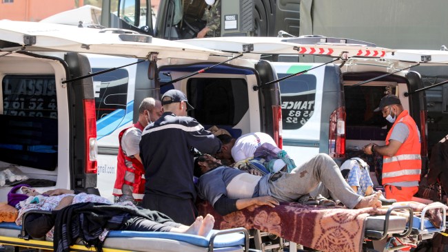 Survivors are treated at triage areas in small towns and villages near the epicentre of High Atlas Mountains. Picture: Khaled Nasraoui/picture alliance via Getty