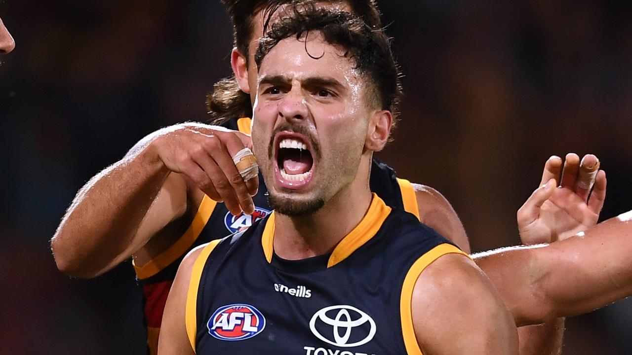 ADELAIDE, AUSTRALIA - APRIL 01: Izak Rankine of the Crows celebrates a goal during the round three AFL match between Port Adelaide Power and Adelaide Crows at Adelaide Oval, on April 01, 2023, in Adelaide, Australia. (Photo by Mark Brake/Getty Images)